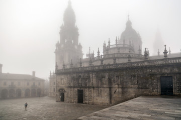Cathedral, Obradoiro in a foggy day in autumn,Quinatana square,Santiago de Compostela, Galicia, Spain.