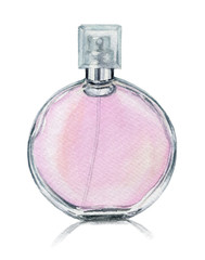 Watercolor illustration of Perfume in glass bottle