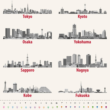 Japanese cities skylines vector illustrations in grey scales color palette
