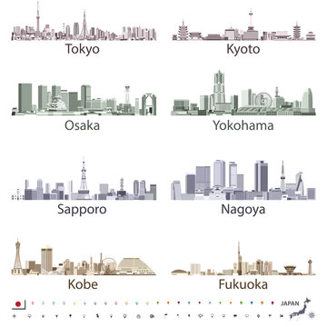 Japanese cities skylines vector illustrations in bright color palette