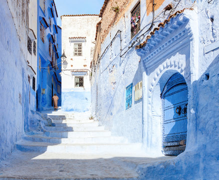   Narrow old street  in  Medina at sunny morning , Chefchaouen, Morocco