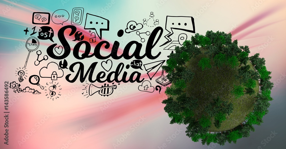 Poster digital composite image of social media icons by tree globe