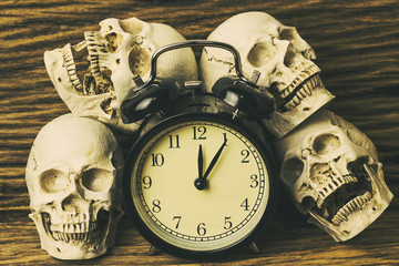 Genocides, Skull on wooden background / Still life style