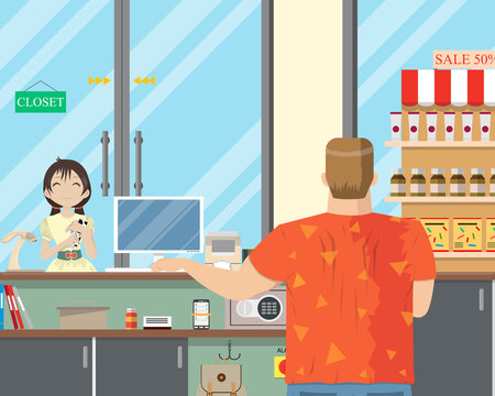 A little girl is buying milk at a convenience store. Vector illustration.