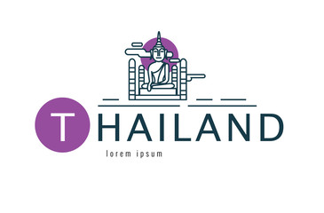 Naklejka premium Thailand logo. Buddha sculpture. Sukhothai famous Landmark. flat thin line design element. vector illustration