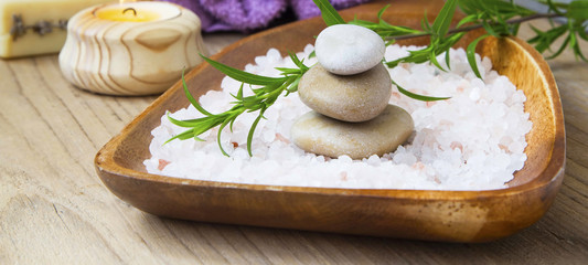 Spa massage stones and bath salt, spa therapy and wellness setting