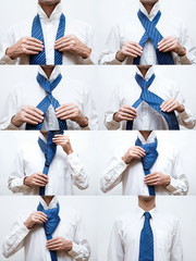 Young man shows how to bind a tie step by step