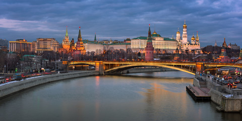 Kremlin and Bolshoy Kamenny Bridge in the Evening, Moscow, Russia