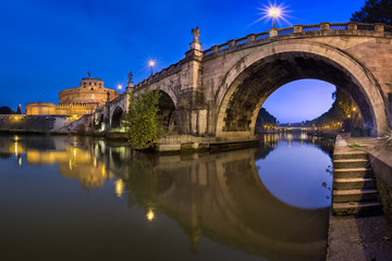 Panorama of Ponte Sant'Angelo and Castel Sant'Angelo in the Morning, Rome, Italy