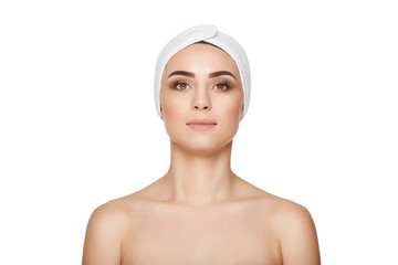 Beautiful woman with pure skin with bandage on head.