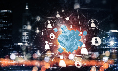 Concept of Internet and networking with digital cube figure on d