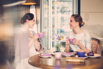 Two elegant young ladies in a cafe