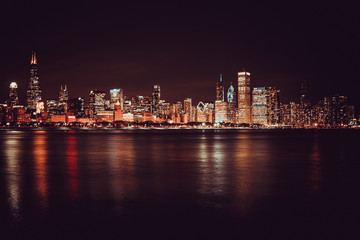 Fototapeta na wymiar Chicago skyline at night. View on Michigan lake and downtown Chicago. Illinois. USA