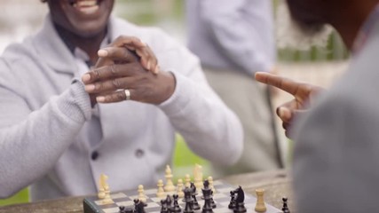  Portrait smiling senior man playing chess in the park with a friend - Powered by Adobe