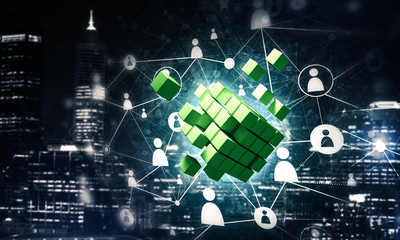 Concept of Internet and networking with digital cube figure on d