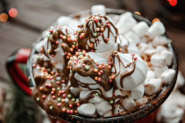 hot cocoa with marshmallow on rustic table