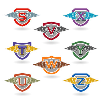 Set of letter badges with wings for logos, t-shirts, school or club crests. Letters s, t, u, v, w, x, y,  z.