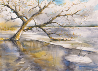 Obraz na płótnie Canvas Tree close to the river.Picture created with watercolors.