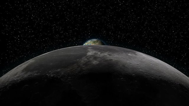 Realistic animation of planet Earth rising over the Moon horizon, with stars in the background. Elements of this footage are furnished by NASA.