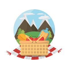 picnic basket food blanket mountains label vector illustration eps 10