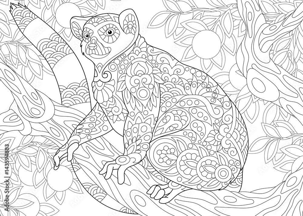 Wall mural stylized wild lemur, madagascar mammal animal. freehand sketch for adult anti stress coloring book p