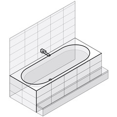 Modern bathtub filled with water. Outlined vector bath tub in isometric perspective. Isolated sanitary equipment purchased with modern water battery tap. Bathroom fixtures in family house apartment.