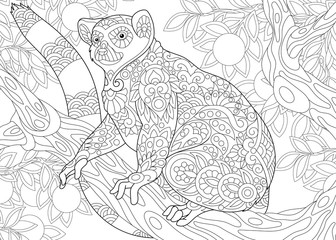 Naklejka premium Stylizowany dziki lemur, zwierzę ssak z Madagaskaru. Szkic odręczny dla dorosłych kolorowanki antystresowe z elementami doodle i zentangle.