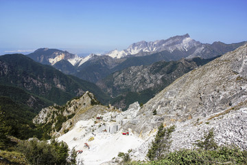 View from top of the Apuanian Alps near Carrara, Italy to the marble quarries