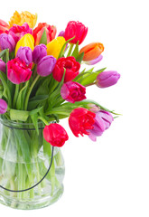 bouquet of bright spring tulips in vase close up isolated on white background