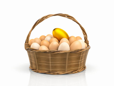 Golden Egg! Chicken Eggs In Rattan Basket. 3d Illustration