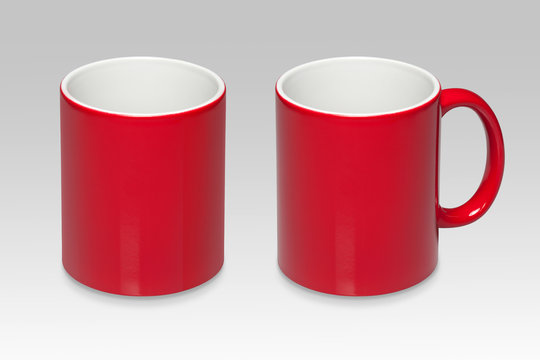 Two positions of a red mug on a gray background