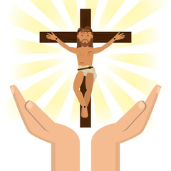 hands with jesus christ crucified vector illustration eps 10