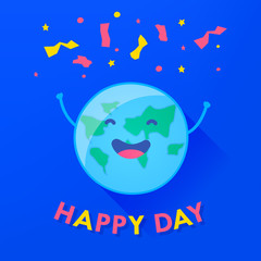 Fun planet with hands and serpentine. Happy Earth Day card. Vector illustration.