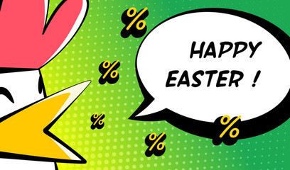 Sale banner with bird, percent and text Happy Easter. Comics style. Vector.