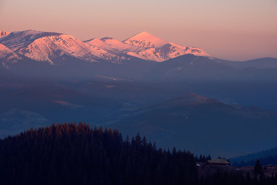 Spring mountains in the morning light. Carpathians, Ukraine