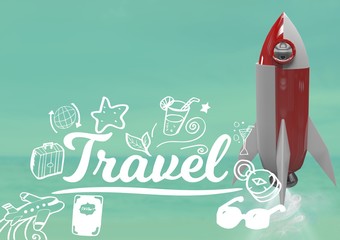 3D Rocket flying and Travel text with drawings graphics