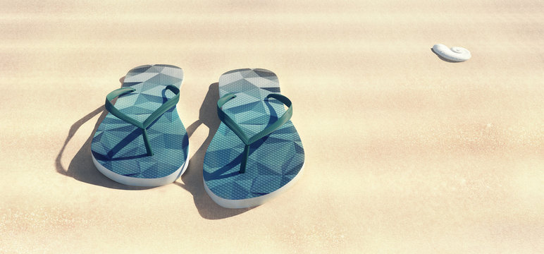 Blue sandals on the sparkly beach sand 3D Render