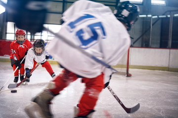 Fototapeta premium Little boy playing ice hockey.