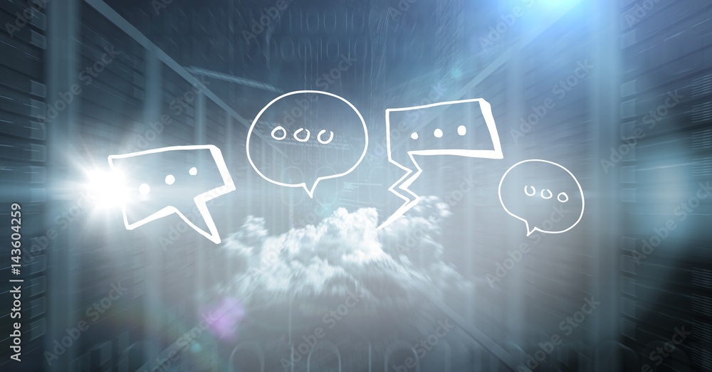 Poster servers and binary code with white speech bubbles and flares