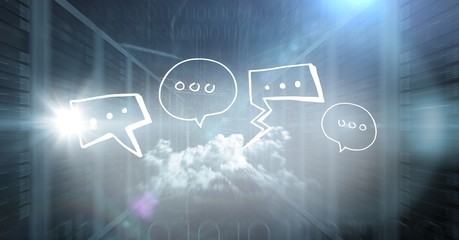Servers and binary code with white speech bubbles and flares