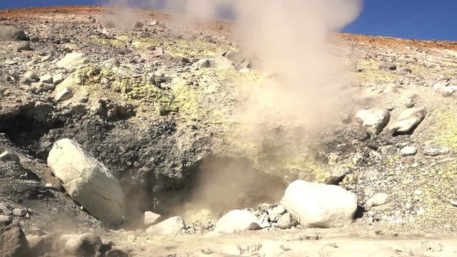 Fumarole field in Ebeko volcano caldera. Emission of hot sulfur gas.
