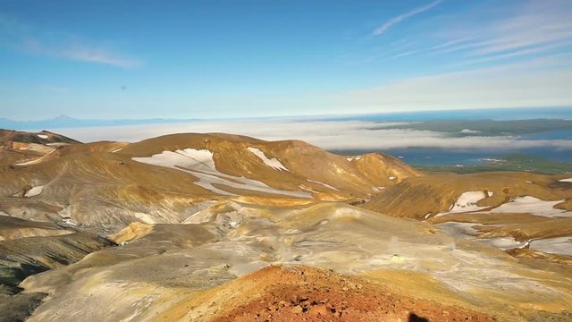 Panorama of the slope of Ebeko volcano on Paramushir Island. Kuril Islands, Russia
