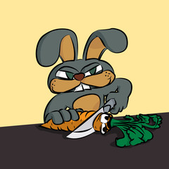 The hare cuts off the carrot's head. A caricature of vegetarians