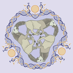 Vector illustration of three wolves viking fantasy Celtic knot triskelion, colorful, Triskele is an old symbol of  spirit, body, and mind.