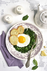 Concept of healthy breakfast:spinach,fried organic egg and croutons.Top view .