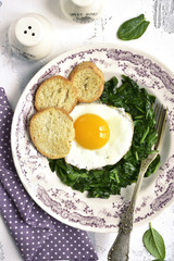 Concept of healthy breakfast:spinach,fried organic egg and croutons.Top view .