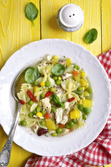 Vegetable soup with chicken.Top view.
