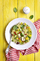 Vegetable soup with chicken.Top view.