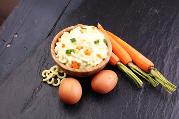 noodle salad with eggs, cucumber and mayonnaise