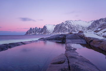 Winter view to Steinfjord on Senja island in the sunset - Troms county, Norway (long exposure) - 143607683